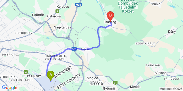 Map: Budapest Airport (BUD), Ferihegy, Liszt Ferenc to Isaszeg