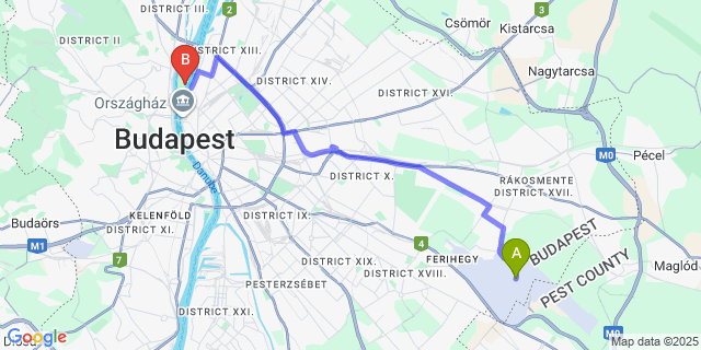 Map: Budapest Airport (BUD), Ferihegy, Liszt Ferenc to Island Hostel - Adults only