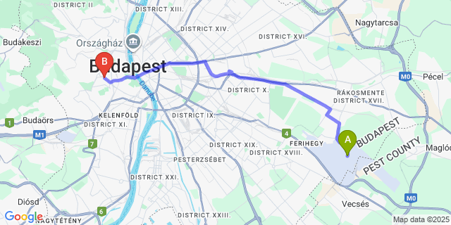 Map: Budapest Airport (BUD), Ferihegy, Liszt Ferenc to Jagello Hotel