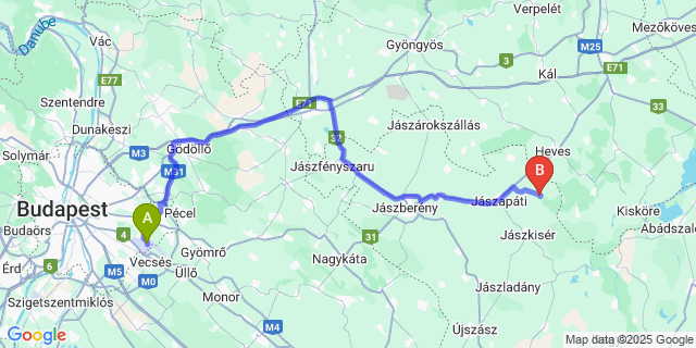 Map: Budapest Airport (BUD), Ferihegy, Liszt Ferenc to Jászivány