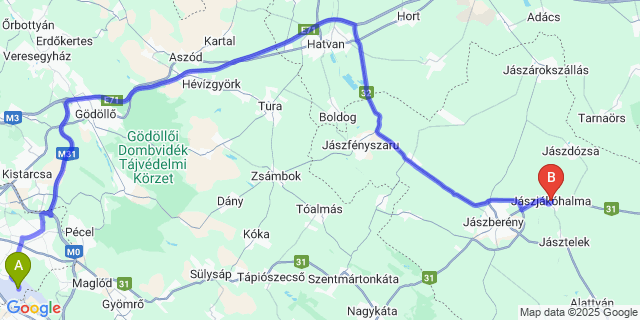 Map: Budapest Airport (BUD), Ferihegy, Liszt Ferenc to Jászjákóhalma