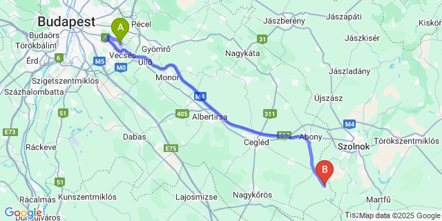 Map: Budapest Airport (BUD), Ferihegy, Liszt Ferenc to Jászkarajenõ