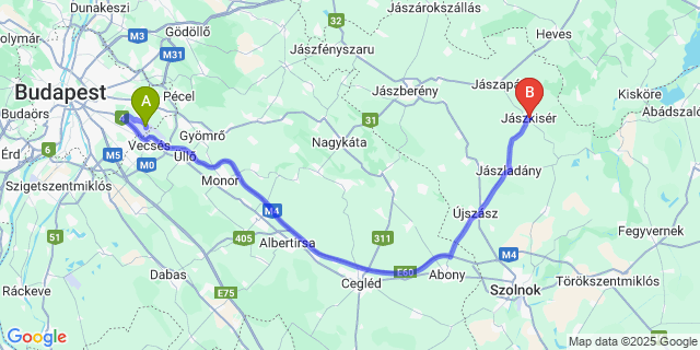 Map: Budapest Airport (BUD), Ferihegy, Liszt Ferenc to Jászkisér