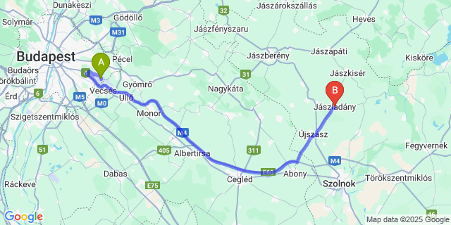 Map: Budapest Airport (BUD), Ferihegy, Liszt Ferenc to Jászladány