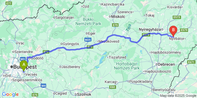 Map: Budapest Airport (BUD), Ferihegy, Liszt Ferenc to Kállósemjén