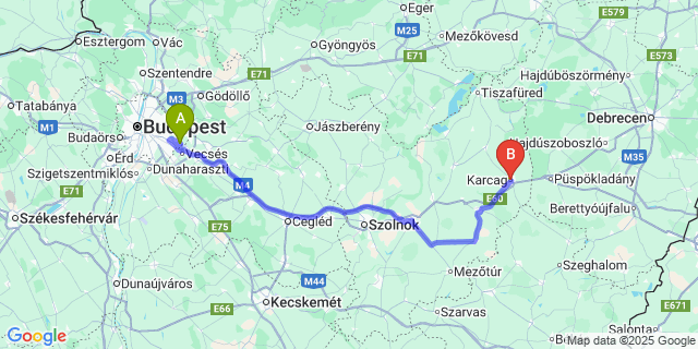 Map: Budapest Airport (BUD), Ferihegy, Liszt Ferenc to Karcag