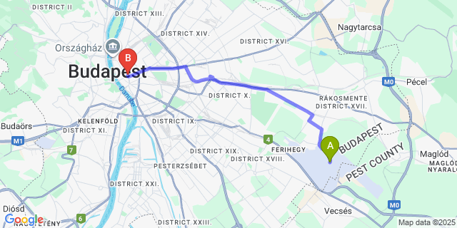 Map: Budapest Airport (BUD), Ferihegy, Liszt Ferenc to Karoly Corner Residences
