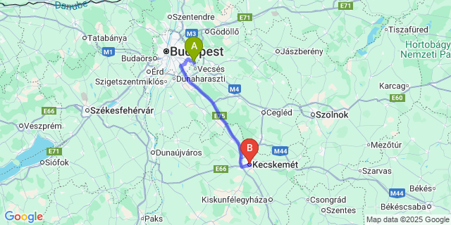 Map: Budapest Airport (BUD), Ferihegy, Liszt Ferenc to Kecskemét