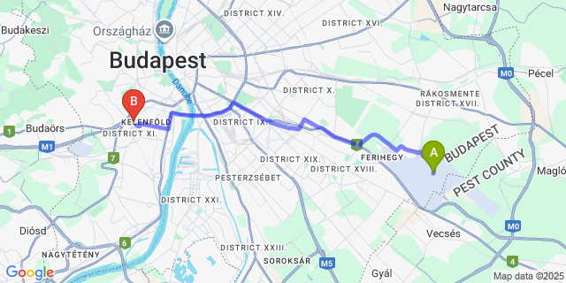 Map: Budapest Airport (BUD), Ferihegy, Liszt Ferenc to Kelenföld Train Station