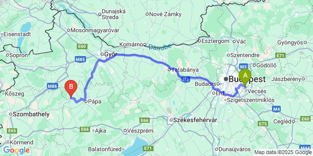 Map: Budapest Airport (BUD), Ferihegy, Liszt Ferenc to Kemeneshőgyész