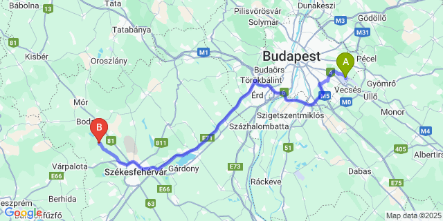 Map: Budapest Airport (BUD), Ferihegy, Liszt Ferenc to Kincsesbánya