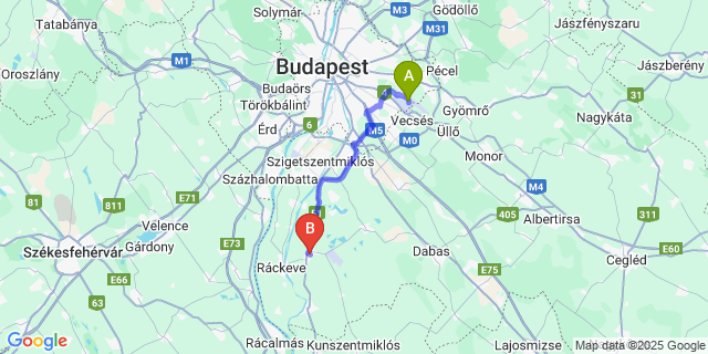 Map: Budapest Airport (BUD), Ferihegy, Liszt Ferenc to Kiskunlacháza