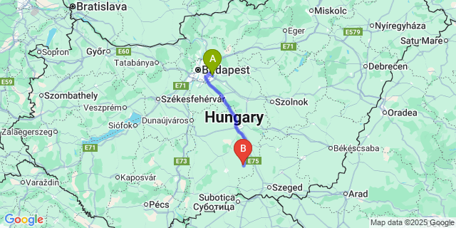 Map: Budapest Airport (BUD), Ferihegy, Liszt Ferenc to Kiskunmajsa