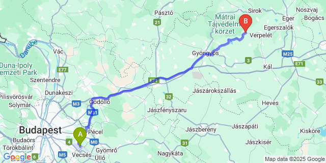 Map: Budapest Airport (BUD), Ferihegy, Liszt Ferenc to Kisnána