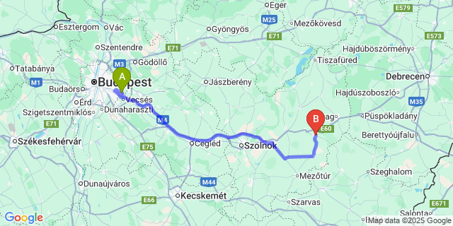 Map: Budapest Airport (BUD), Ferihegy, Liszt Ferenc to Kisújszállás