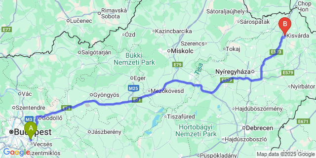 Map: Budapest Airport (BUD), Ferihegy, Liszt Ferenc to Kisvárda