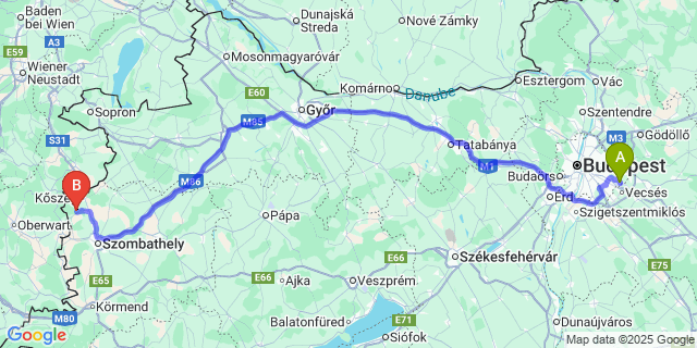 Map: Budapest Airport (BUD), Ferihegy, Liszt Ferenc to Kőszegszerdahely