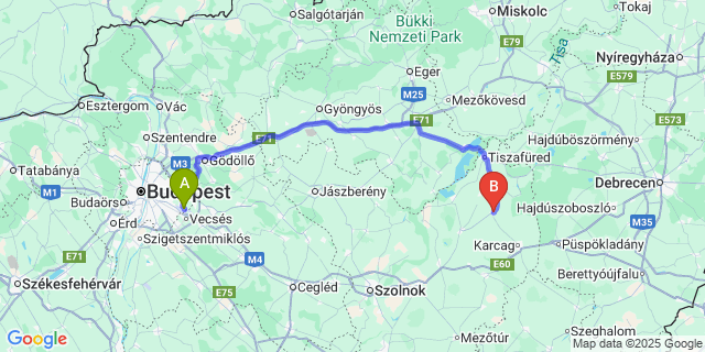 Map: Budapest Airport (BUD), Ferihegy, Liszt Ferenc to Kunmadaras
