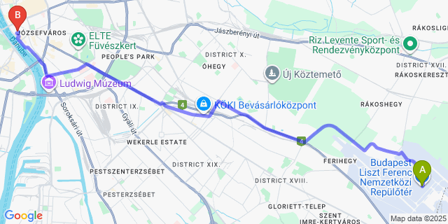 Map: Budapest Airport (BUD), Ferihegy, Liszt Ferenc to La Fortezza Panzió