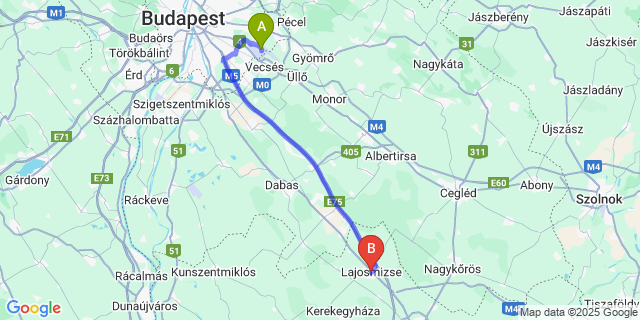 Map: Budapest Airport (BUD), Ferihegy, Liszt Ferenc to Lajosmizse