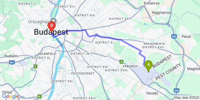 Map: Budapest Airport (BUD), Ferihegy, Liszt Ferenc to Lanchid 19 Design Hotel