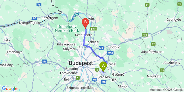 Map: Budapest Airport (BUD), Ferihegy, Liszt Ferenc to Leányfalu