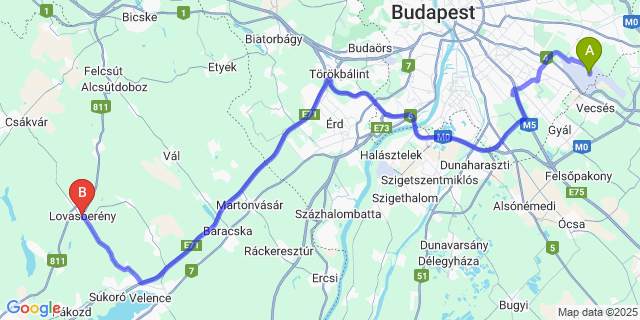 Map: Budapest Airport (BUD), Ferihegy, Liszt Ferenc to Lovasberény