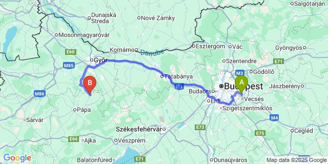 Map: Budapest Airport (BUD), Ferihegy, Liszt Ferenc to Lovászpatona