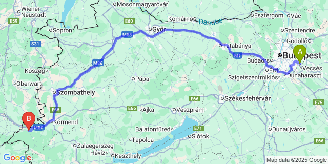 Map: Budapest Airport (BUD), Ferihegy, Liszt Ferenc to Magyarlak