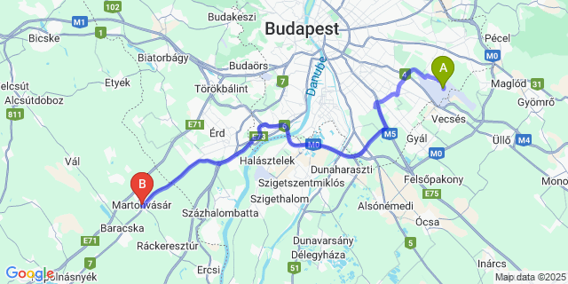 Map: Budapest Airport (BUD), Ferihegy, Liszt Ferenc to Martonvásár