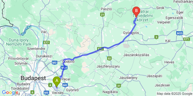 Map: Budapest Airport (BUD), Ferihegy, Liszt Ferenc to Mátraháza