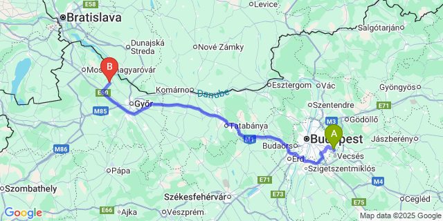 Map: Budapest Airport (BUD), Ferihegy, Liszt Ferenc to Mecsér
