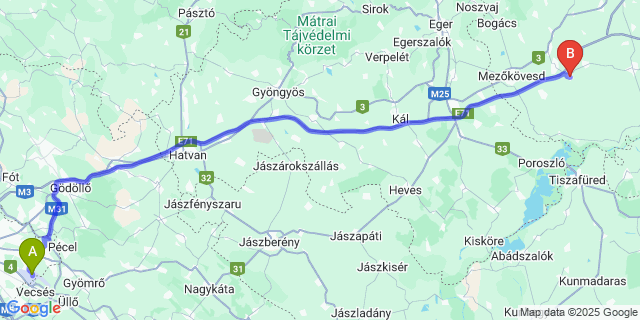 Map: Budapest Airport (BUD), Ferihegy, Liszt Ferenc to Mezőnagymihály