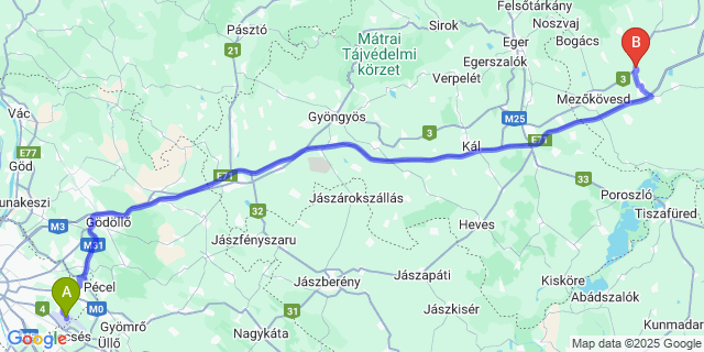 Map: Budapest Airport (BUD), Ferihegy, Liszt Ferenc to Mezőnyárád