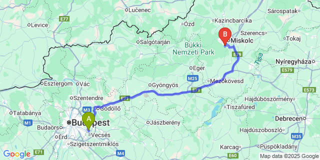 Map: Budapest Airport (BUD), Ferihegy, Liszt Ferenc to Miskolctapolca