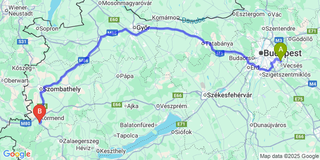 Map: Budapest Airport (BUD), Ferihegy, Liszt Ferenc to Nádasd