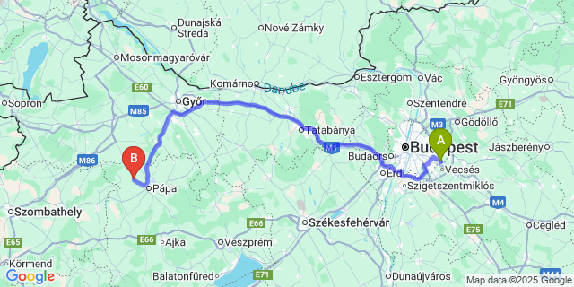 Map: Budapest Airport (BUD), Ferihegy, Liszt Ferenc to Nagyacsád