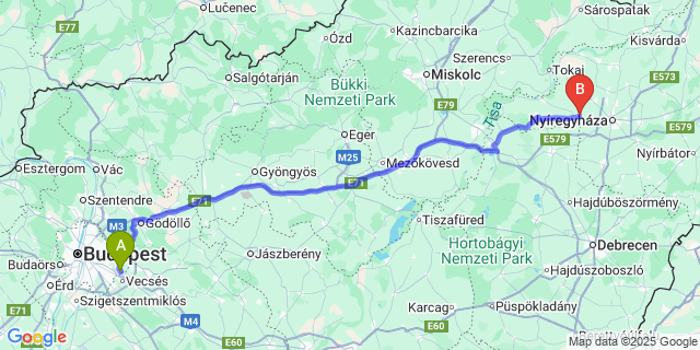 Map: Budapest Airport (BUD), Ferihegy, Liszt Ferenc to Nagycserkesz