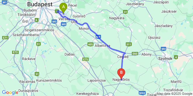 Map: Budapest Airport (BUD), Ferihegy, Liszt Ferenc to Nagykőrös