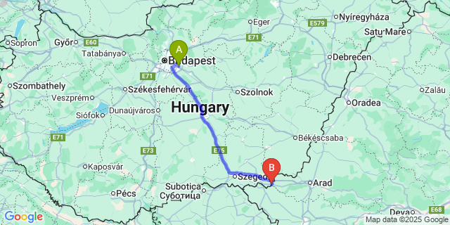 Map: Budapest Airport (BUD), Ferihegy, Liszt Ferenc to Nagylak