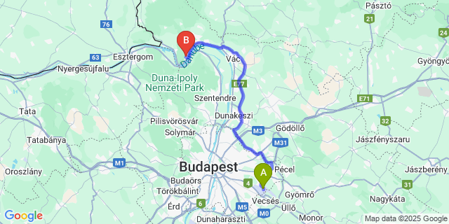 Map: Budapest Airport (BUD), Ferihegy, Liszt Ferenc to Naspolya vendégház Nagymaros