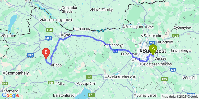 Map: Budapest Airport (BUD), Ferihegy, Liszt Ferenc to Nemesgörzsöny