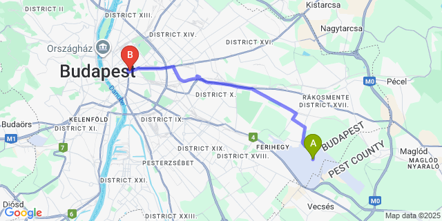 Map: Budapest Airport (BUD), Ferihegy, Liszt Ferenc to NH Collection Budapest City Center
