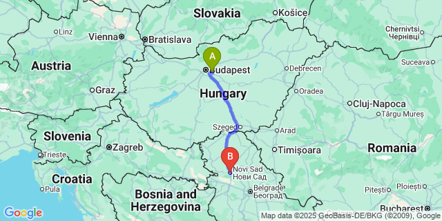 Map: Budapest Airport (BUD), Ferihegy, Liszt Ferenc to Novi Sad