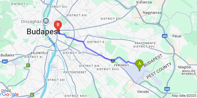 Map: Budapest Airport (BUD), Ferihegy, Liszt Ferenc to Novotel Budapest Centrum