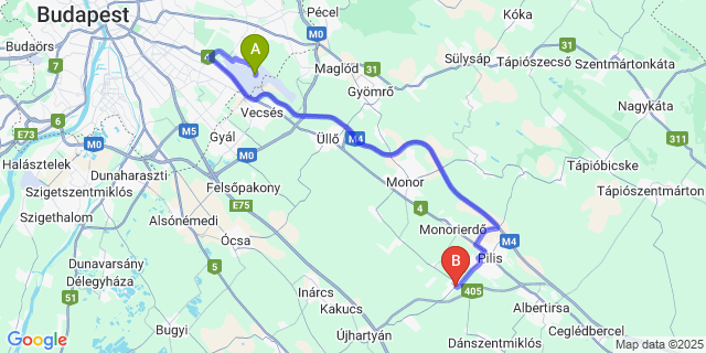 Map: Budapest Airport (BUD), Ferihegy, Liszt Ferenc to Nyáregyháza