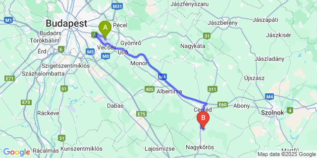 Map: Budapest Airport (BUD), Ferihegy, Liszt Ferenc to Nyársapát