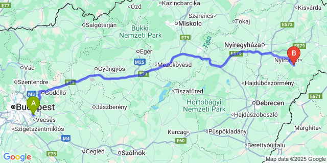 Map: Budapest Airport (BUD), Ferihegy, Liszt Ferenc to Nyírbogát