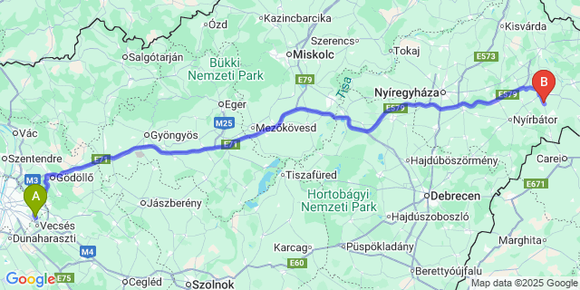 Map: Budapest Airport (BUD), Ferihegy, Liszt Ferenc to Nyírcsaholy