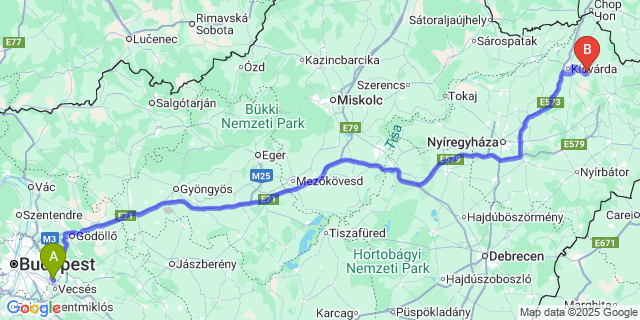 Map: Budapest Airport (BUD), Ferihegy, Liszt Ferenc to Nyírlövő